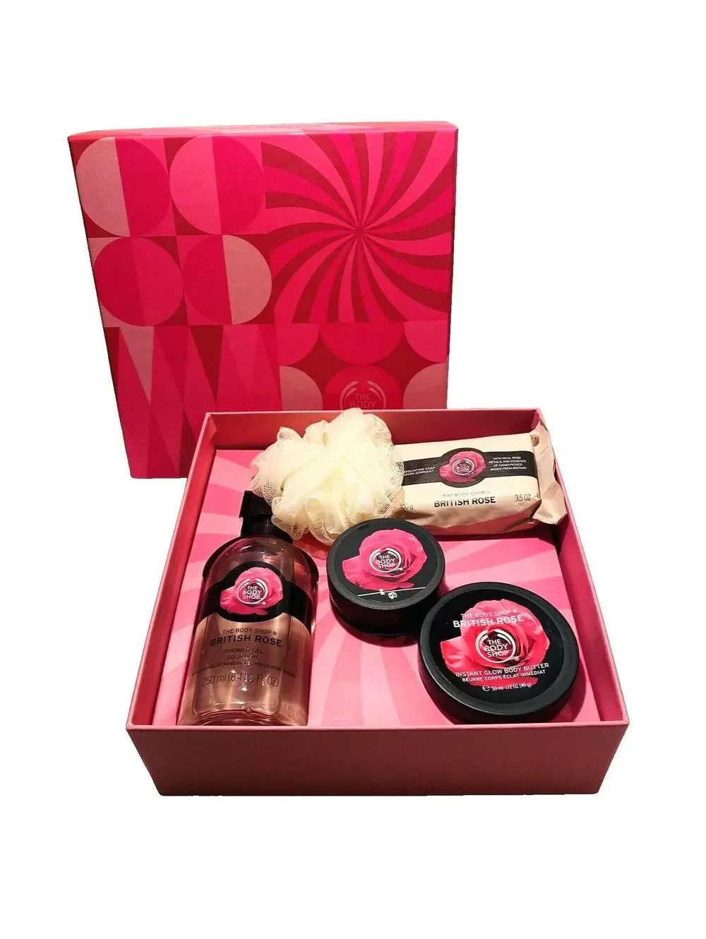 British Rose The Body Shop Gift Set Box Brand NEW Pink Body Wash Loofah Cream